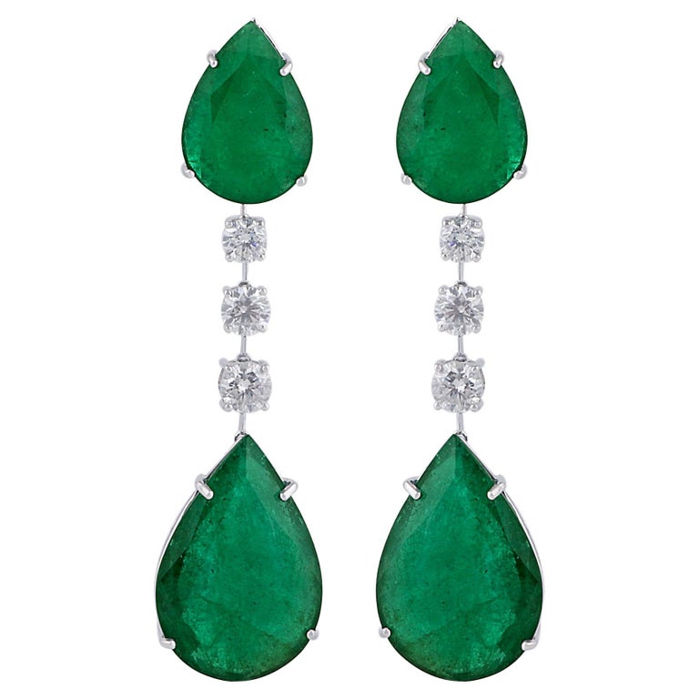 Pear Shape Emerald Gemstone Dangle Earrings Diamond 18 Karat White Gold ...