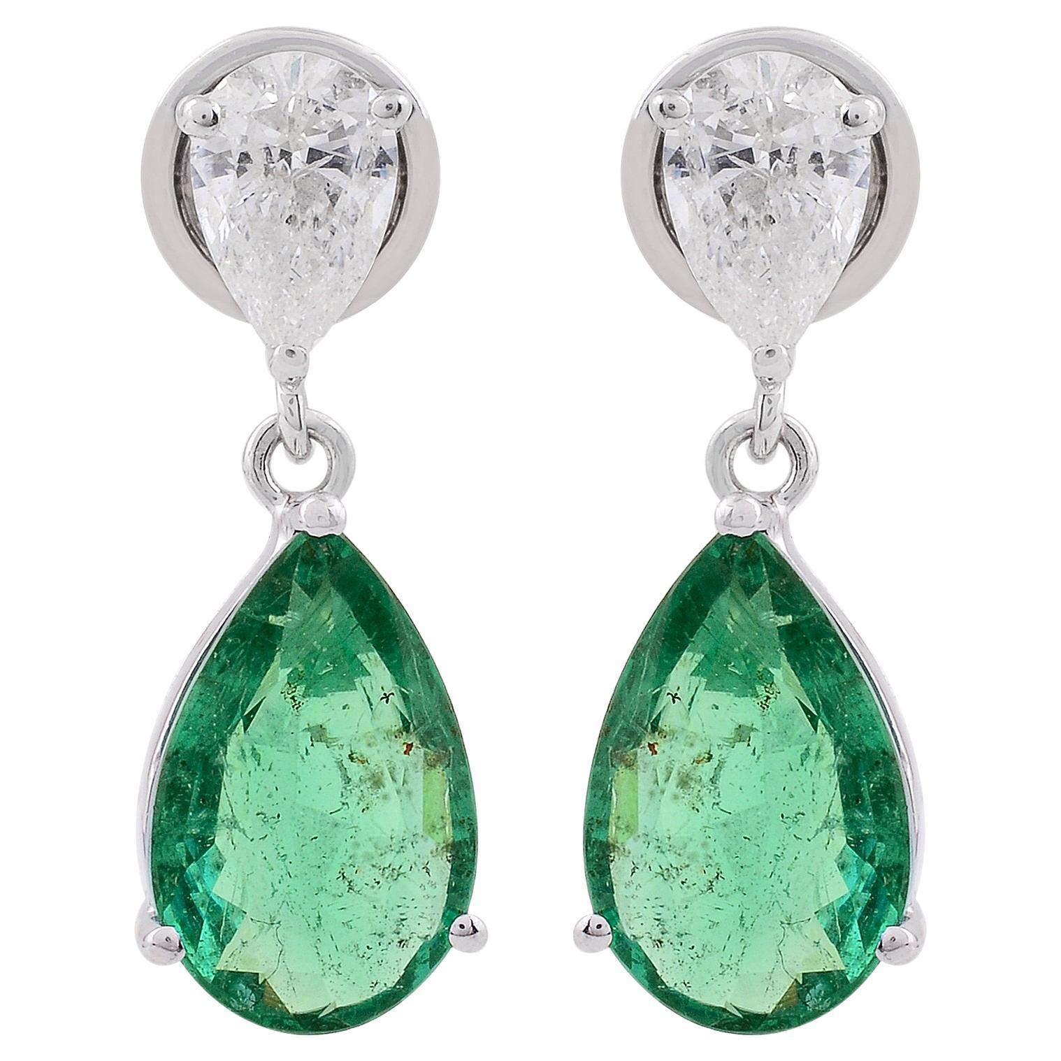 Pear Shape Emerald Gemstone Dangle Earrings Diamond 18 Karat White Gold Jewelry For Sale