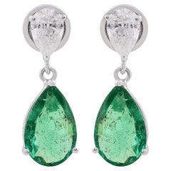 Pear Shape Emerald Gemstone Dangle Earrings Diamond 18 Karat White Gold Jewelry
