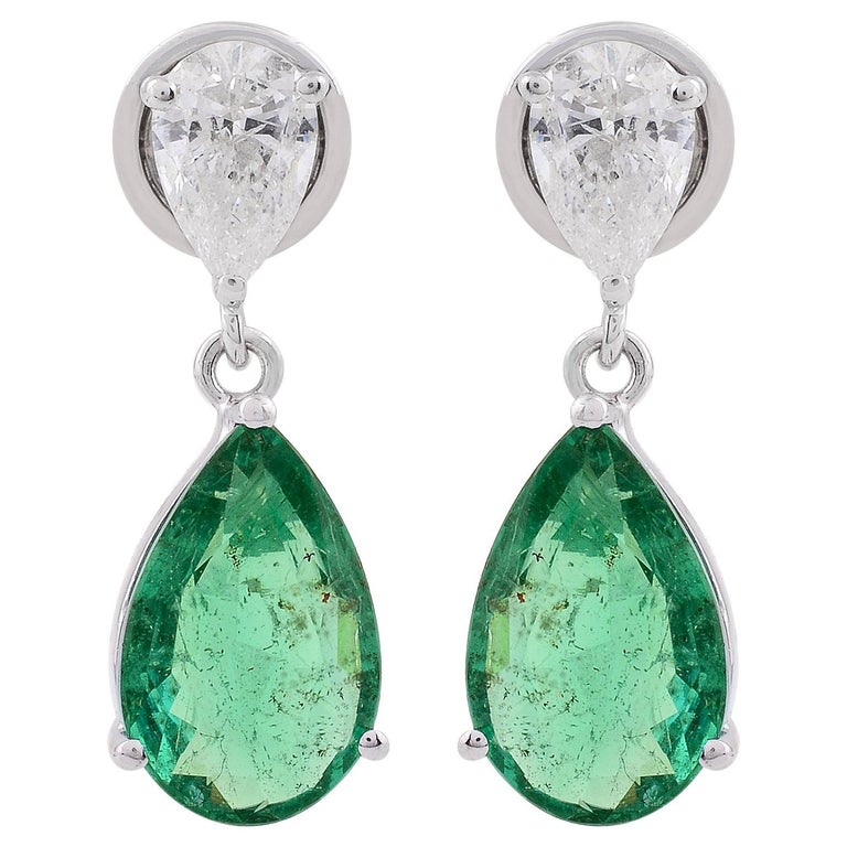 Pear Shape Emerald Gemstone Dangle Earrings Diamond 18 Karat White Gold  Jewelry For Sale at 1stDibs