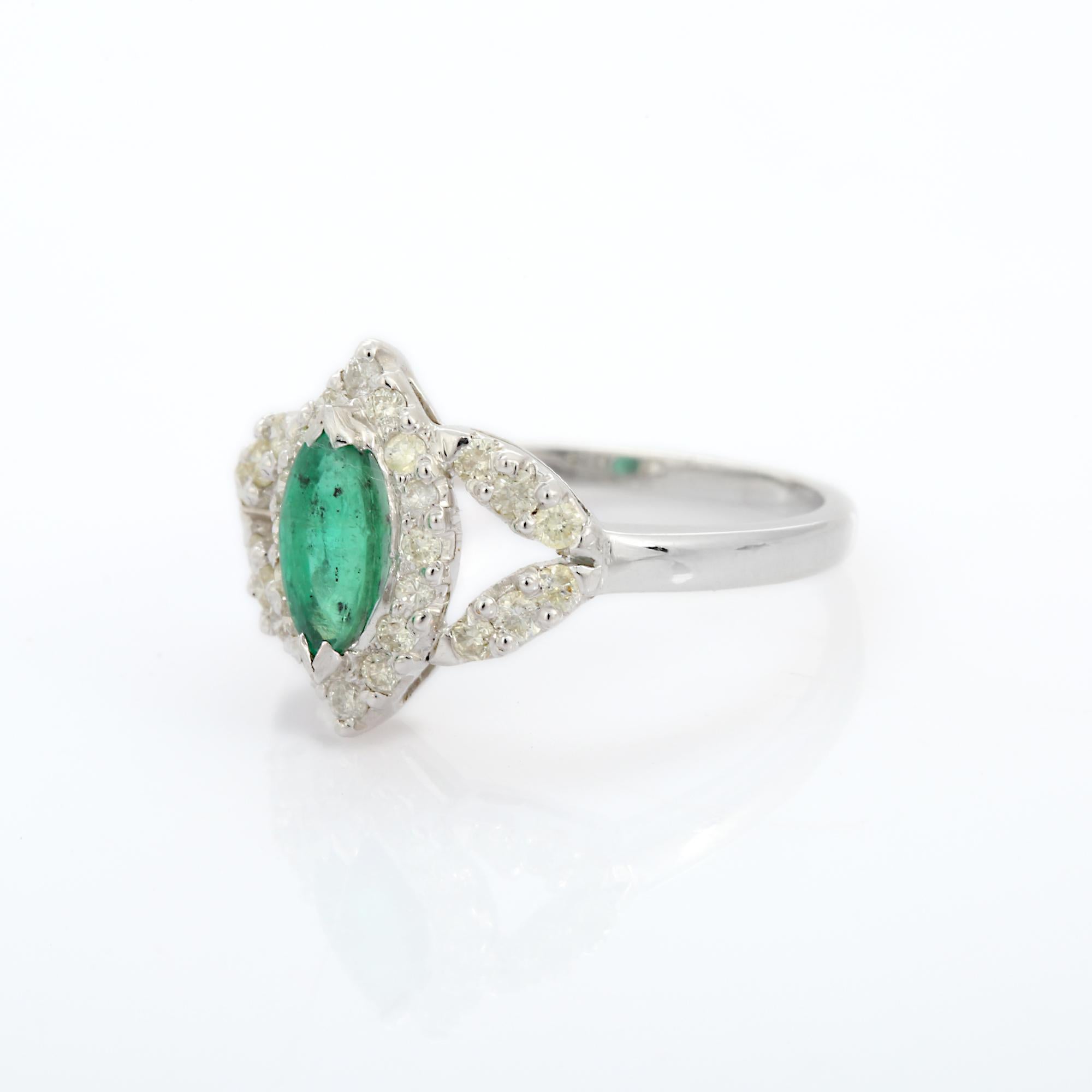 For Sale:  Natural Emerald Gemstone Wedding Ring with Diamonds in 18 Karat Solid White Gold 2