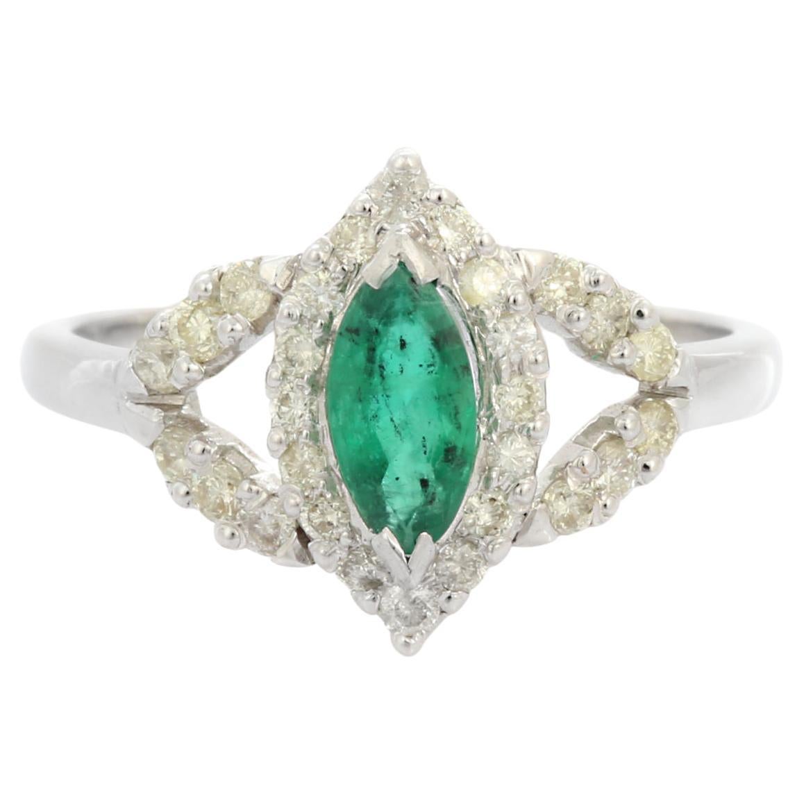 For Sale:  Natural Emerald Gemstone Wedding Ring with Diamonds in 18 Karat Solid White Gold