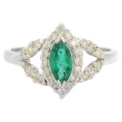 Natural Emerald Gemstone Wedding Ring with Diamonds in 18 Karat Solid White Gold