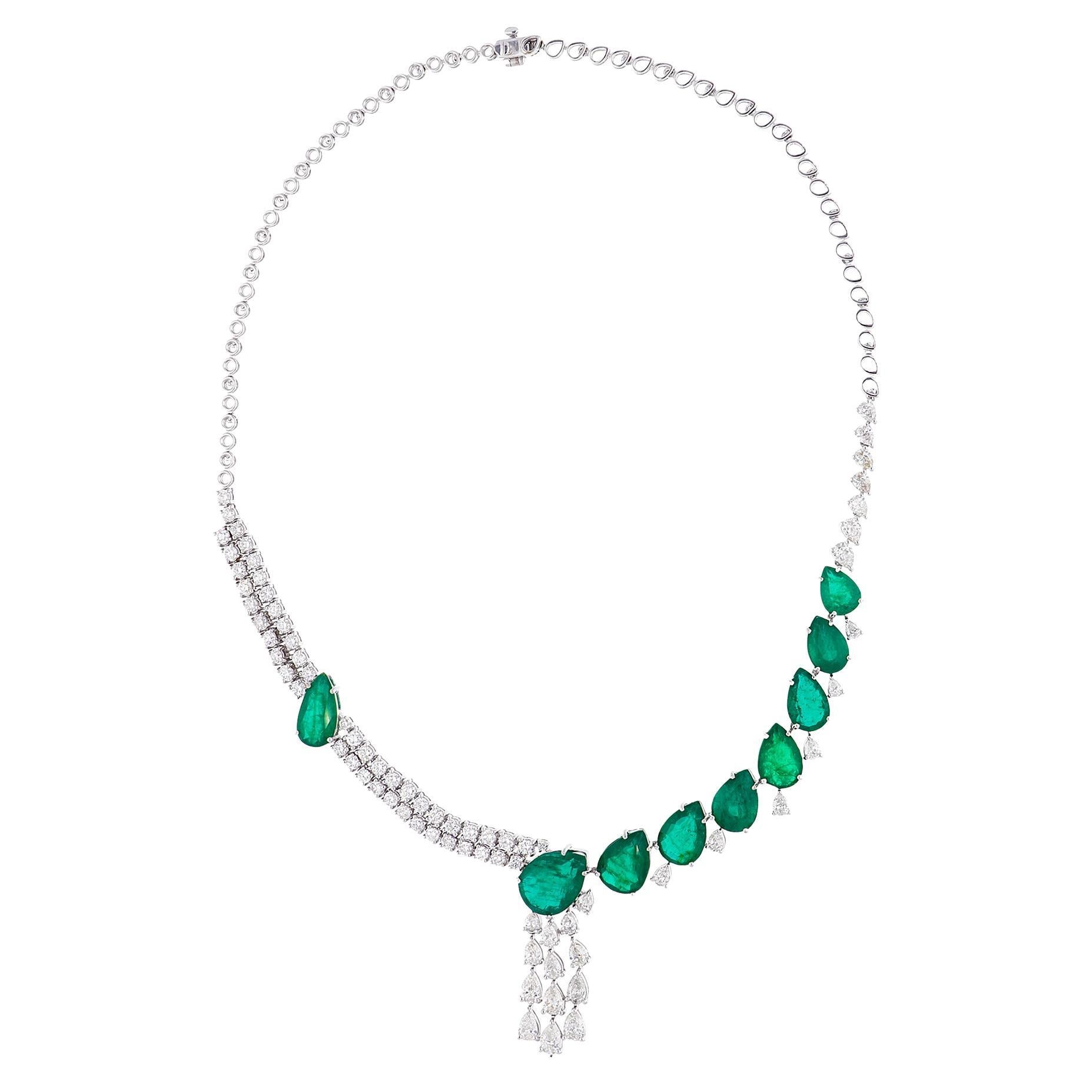 Pear Shape Emerald Gemstone Necklace Diamond 14 Karat White Gold Fine Jewelry