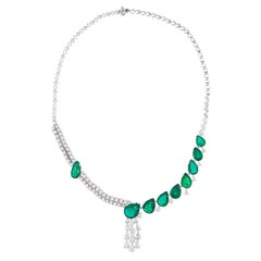 Pear Shape Emerald Gemstone Necklace Diamond 14 Karat White Gold Fine Jewelry