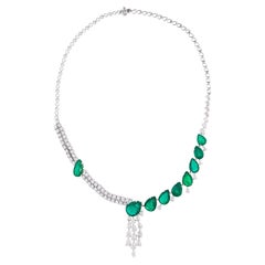 Pear Shape Emerald Gemstone Necklace Diamond 14 Karat White Gold Fine Jewelry