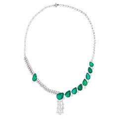 Pear Shape Emerald Gemstone Necklace Diamond 18 Karat White Gold Fine Jewelry