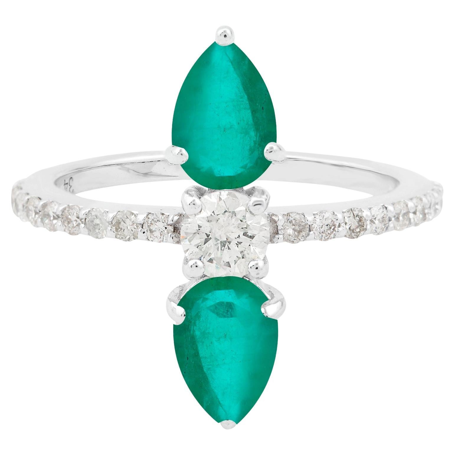 Pear Shape Emerald Gemstone Ring Diamond 18 Karat White Gold Handmade Jewelry For Sale