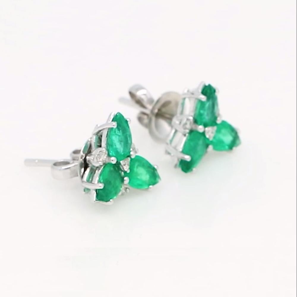 Pear Cut Pear Shape Emerald Gemstone Stud Earrings Diamond 18 Karat White Gold Jewelry For Sale