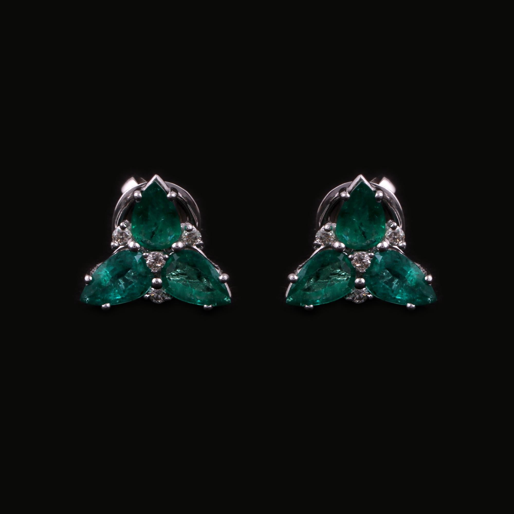 Women's Pear Shape Emerald Gemstone Stud Earrings Diamond 18 Karat White Gold Jewelry For Sale