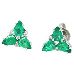 Pear Shape Emerald Gemstone Stud Earrings Diamond 18 Karat White Gold Jewelry