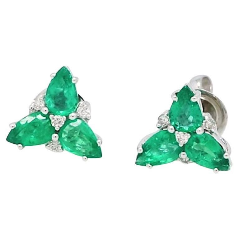 Pear Shape Emerald Gemstone Stud Earrings Diamond 18 Karat White Gold