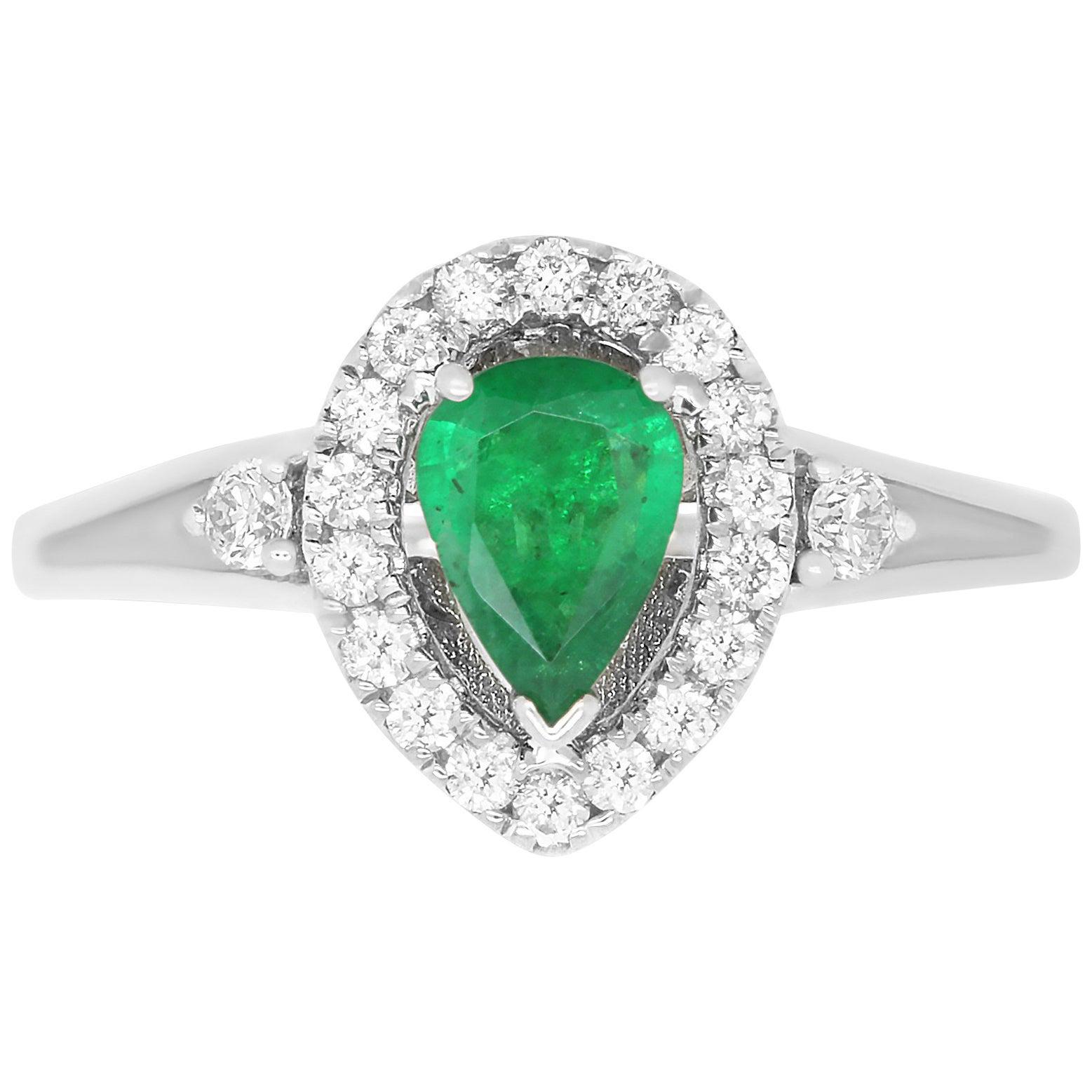 Pear Shape Natural Emerald Halo Diamond Engagement Ring 14K White Gold