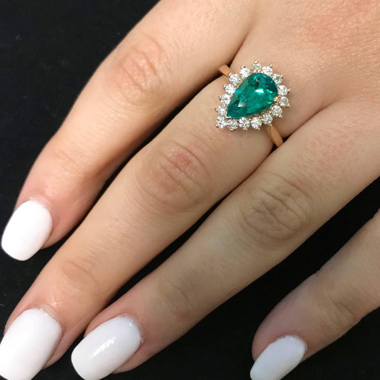 Pear Shape Emerald Halo Engagement Ring in Rose Gold For Sale at 1stdibs