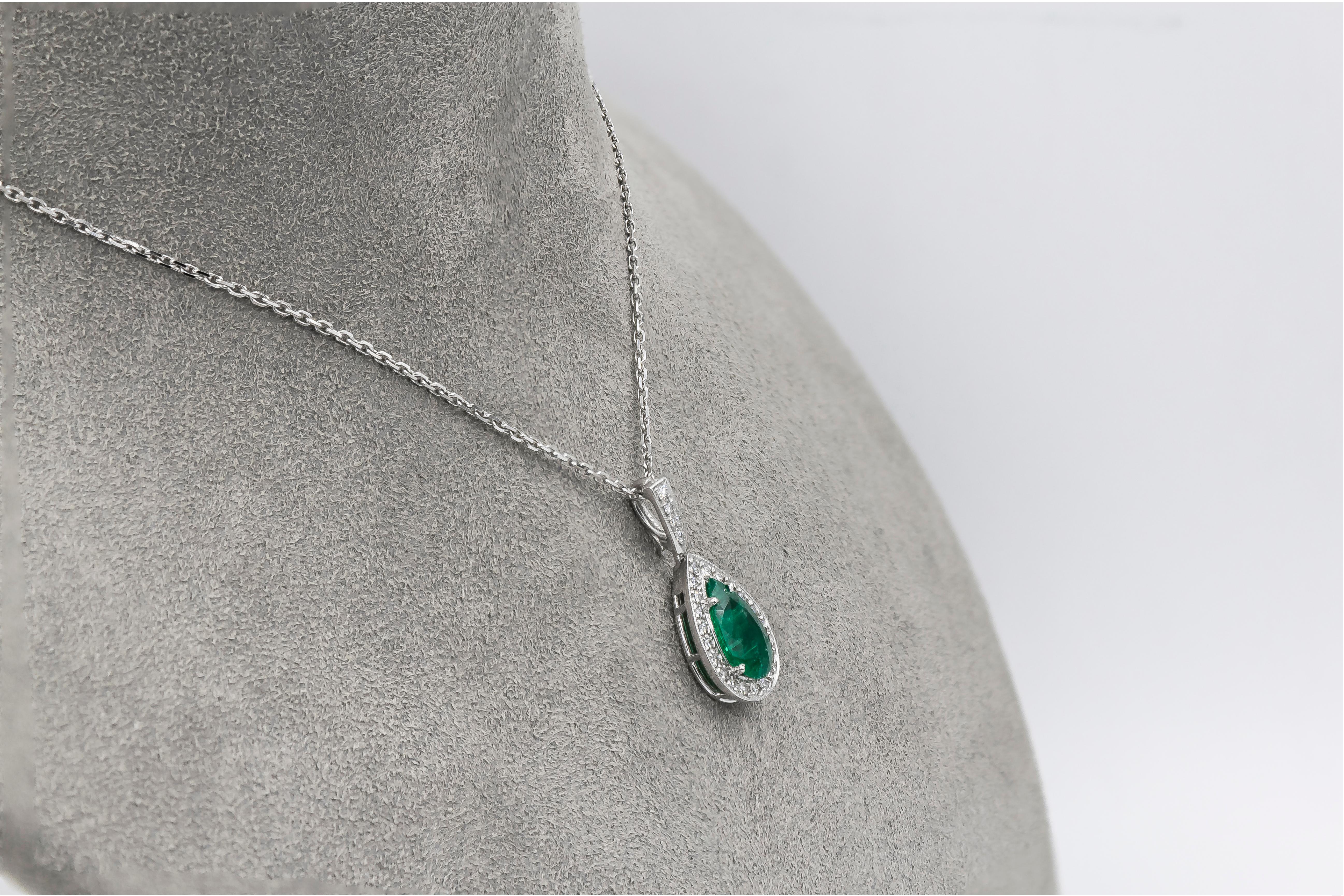 Pear Cut Roman Malakov Pear Shape Emerald Halo Pendant Necklace