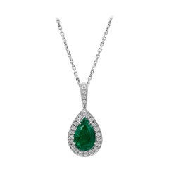 Roman Malakov Pear Shape Emerald Halo Pendant Necklace