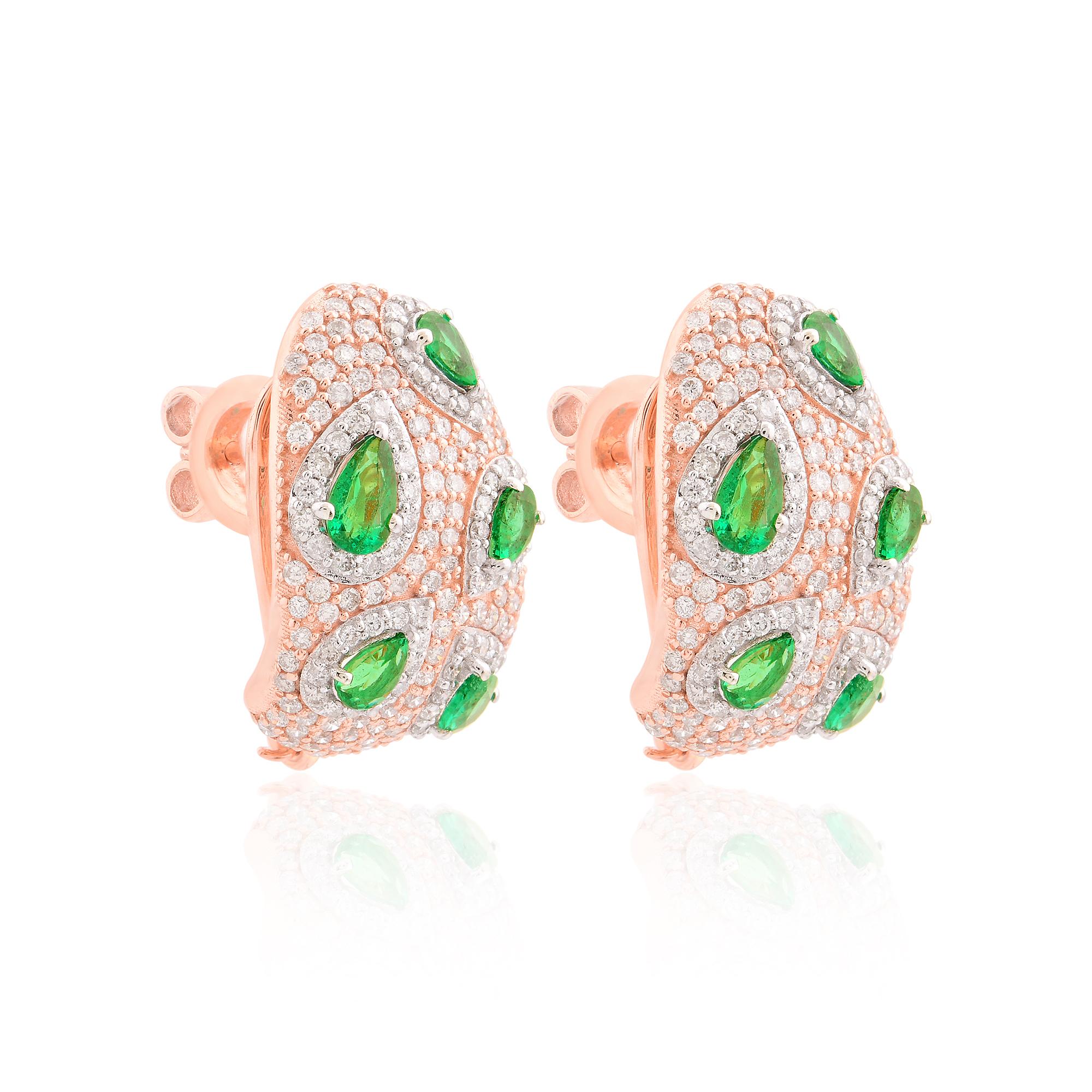 Item Code :- SEE-11693
Gross Wt. :- 8.38 gm
18k Rose Gold Wt. :- 7.81 gm
Natural Diamond Wt. :- 1.60 Ct. ( AVERAGE DIAMOND CLARITY SI1-SI2 & COLOR H-I )
Zambian Emerald Wt. :- 1.26 Ct.
Earrings Size :- 20 x 12 mm approx.

✦