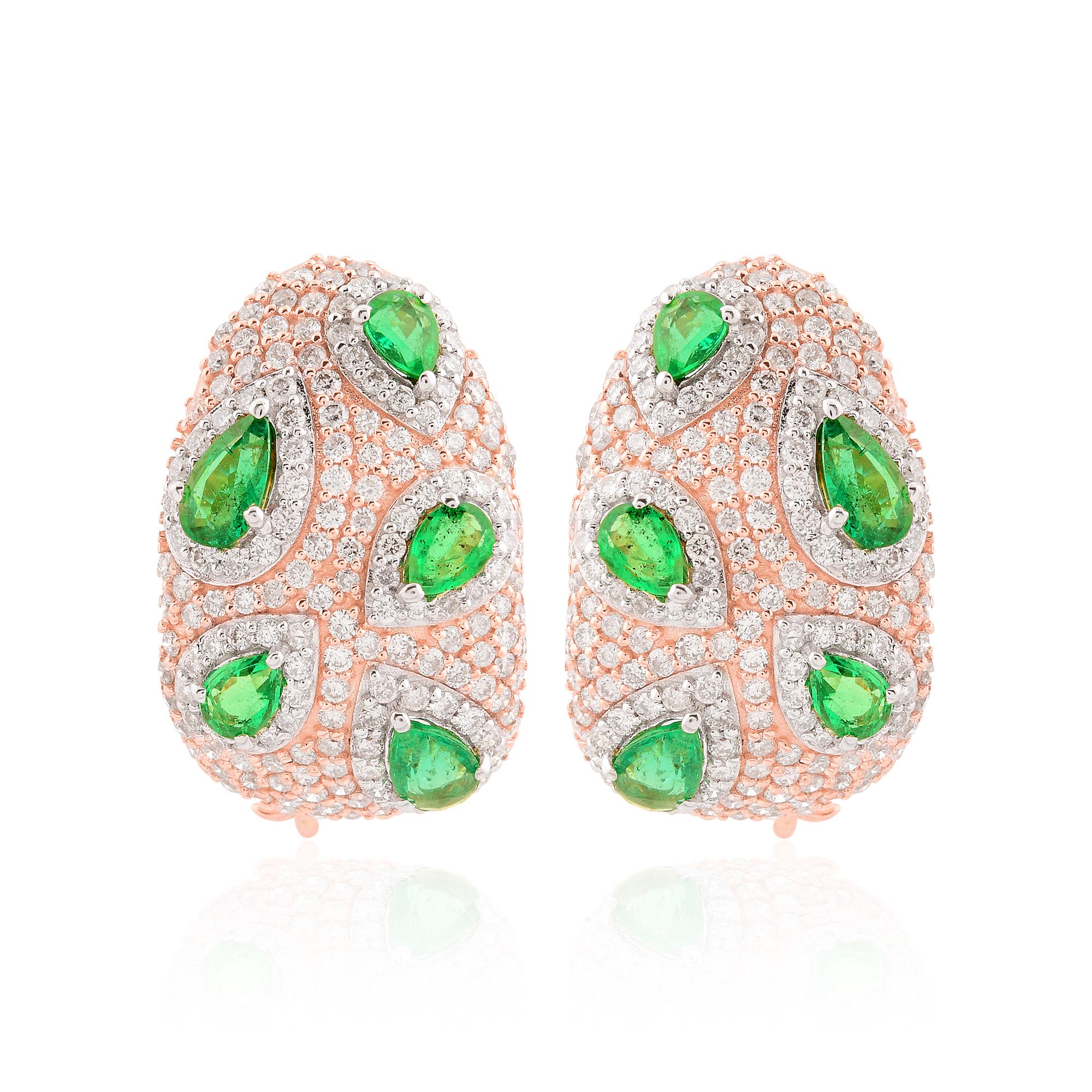Modern Pear Shape Zambian Emerald Pave Diamond Earrings 18 Karat Rose Gold Fine Jewelry For Sale