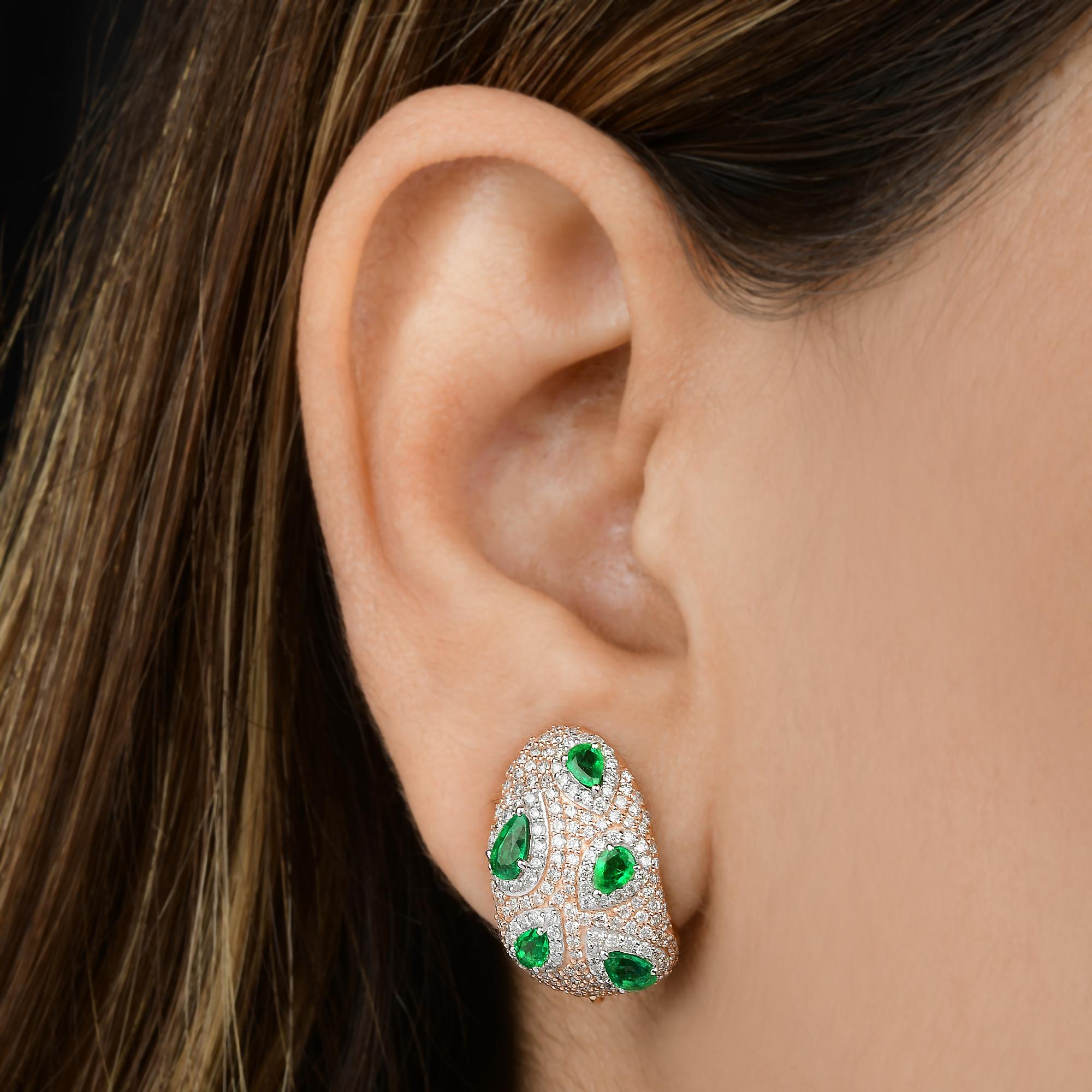 Taille poire Boucles d'oreilles diamant pavé émeraude zambienne en forme de poire Or rose 18 carats Bijoux fins en vente