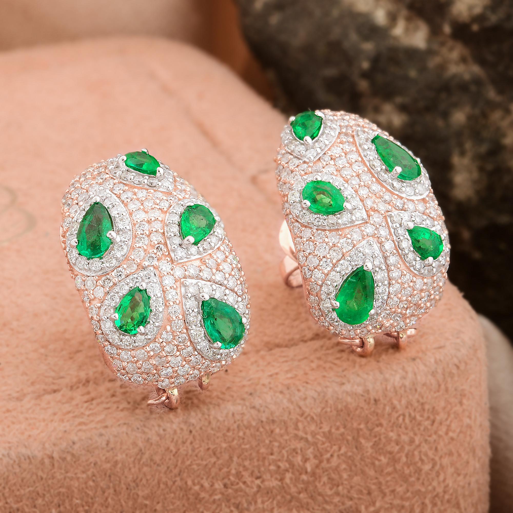 Women's Pear Shape Zambian Emerald Pave Diamond Earrings 18 Karat Rose Gold Fine Jewelry For Sale
