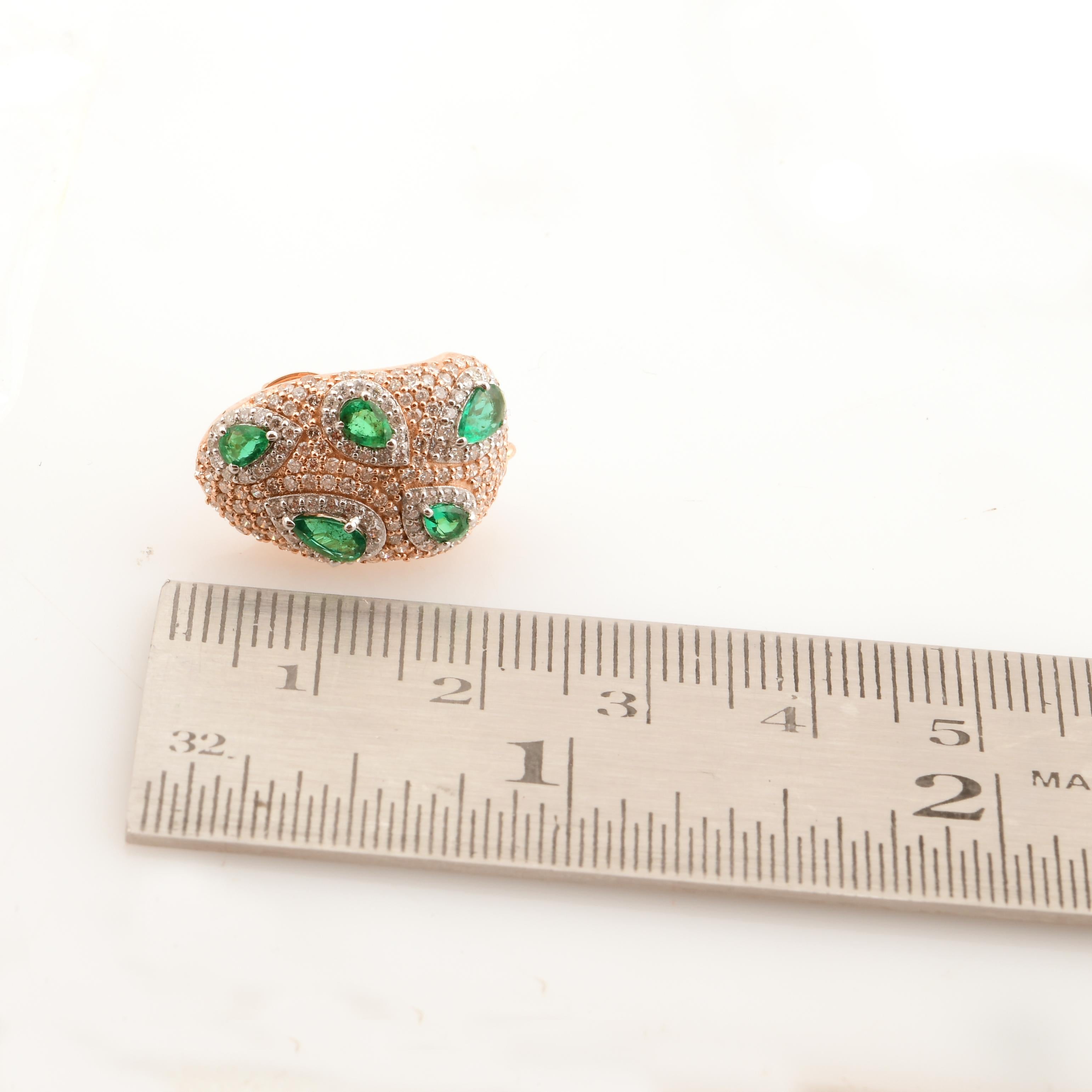 Pear Shape Zambian Emerald Pave Diamond Earrings 18 Karat Rose Gold Fine Jewelry For Sale 1