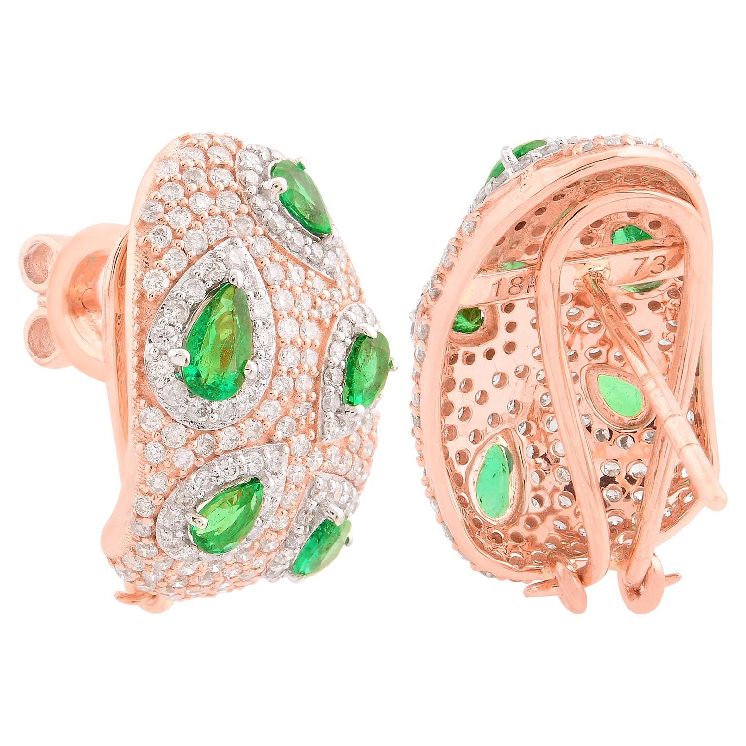 Pear Shape Zambian Emerald Pave Diamond Earrings 18 Karat Rose Gold Fine Jewelry For Sale
