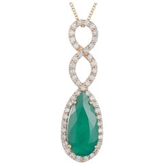 Pear Shape Emerald White Diamond Infinity Halo Drop Pendant 14 Karat Yellow Gold