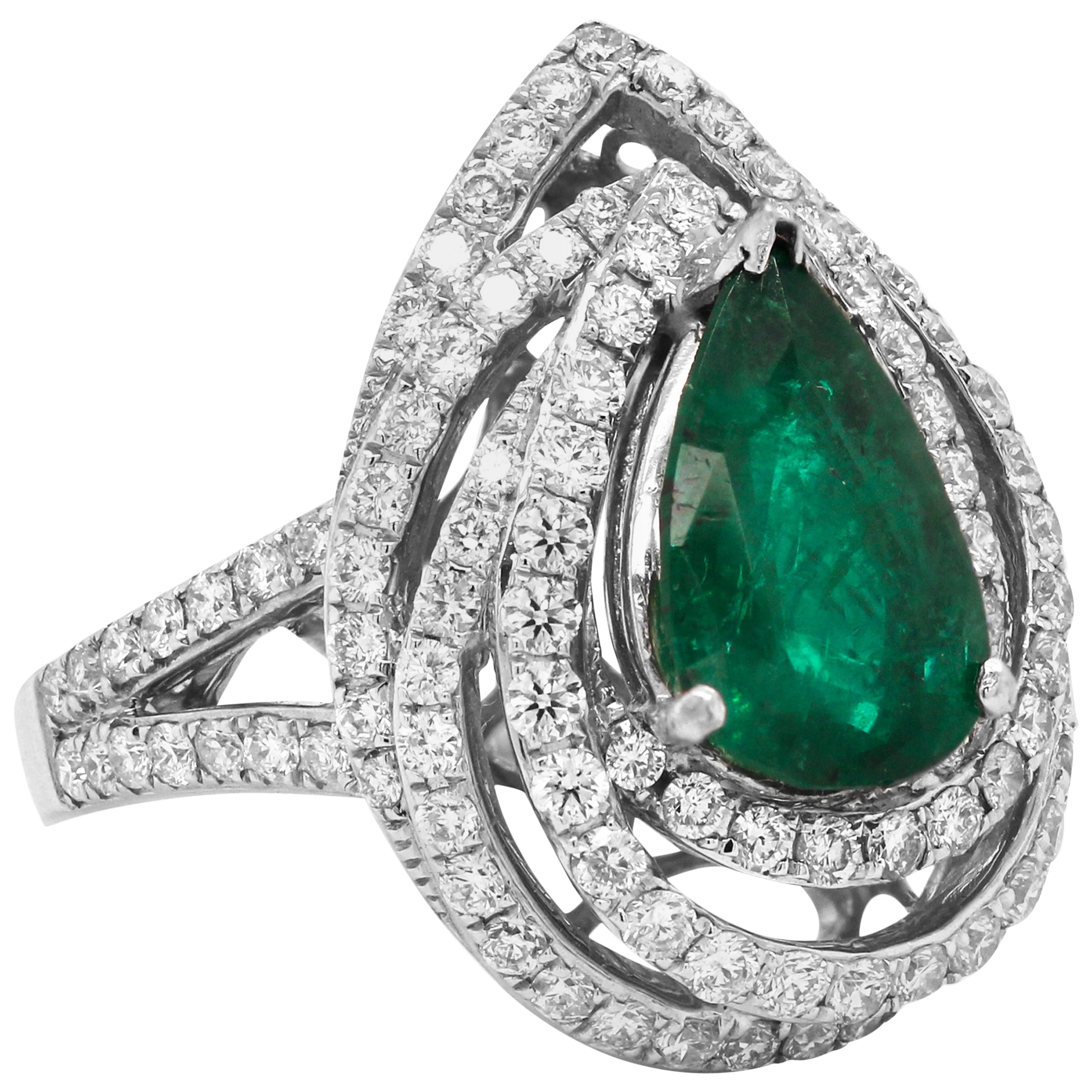 Pear Shape Emerald White Gold and Diamond Cocktail Ring For Sale