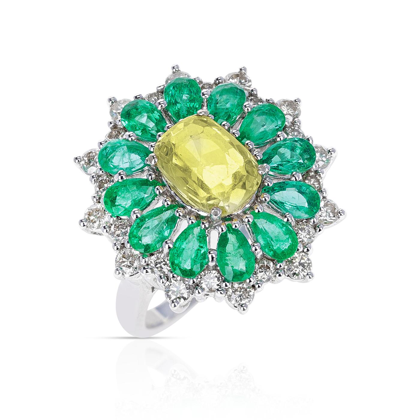 Cushion Cut Pear-Shape Emeralds, Round Diamonds, Center Oval Cushion Yellow Sapphire Ring For Sale