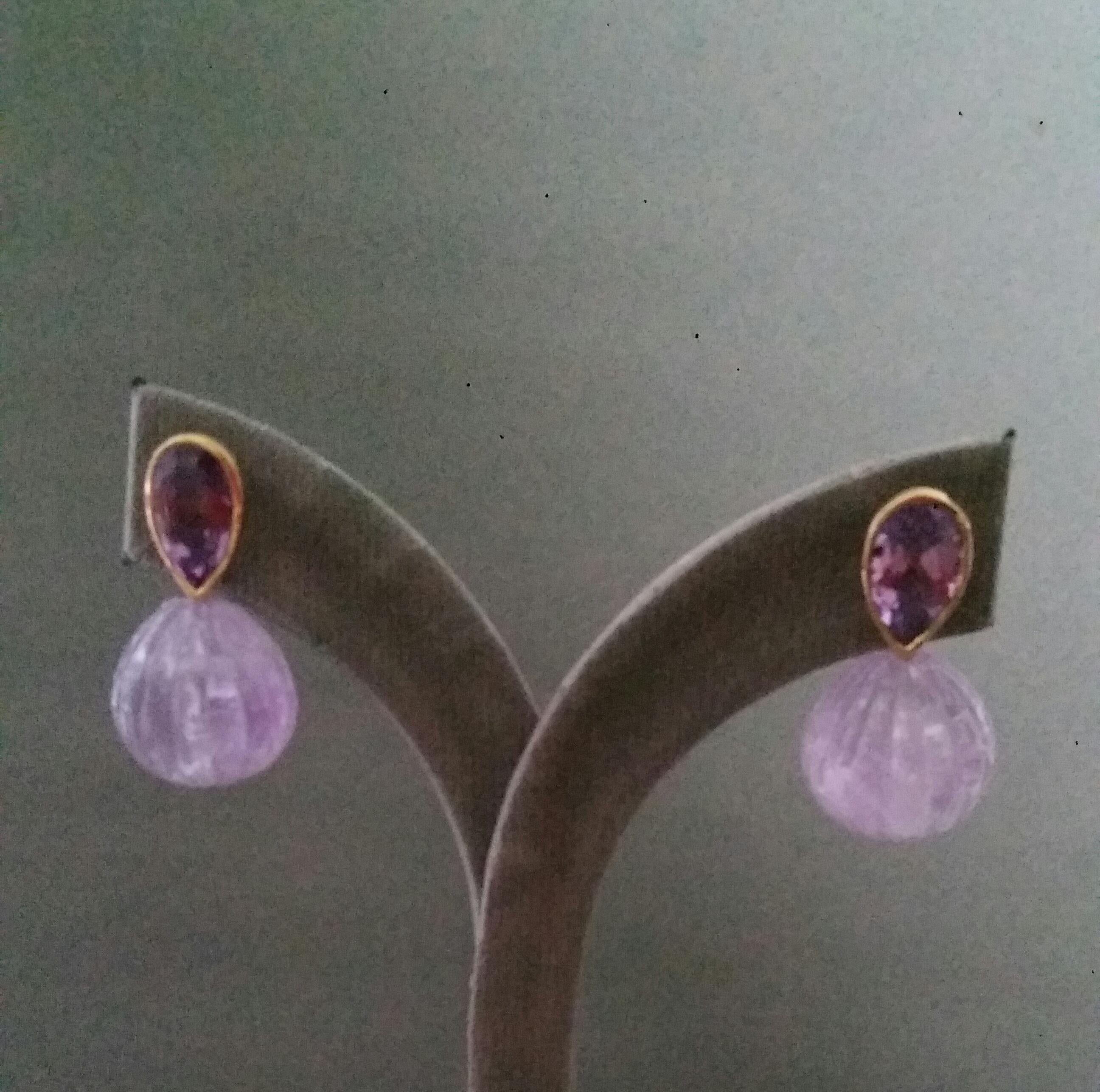 Pear Shape Faceted Amethysts Gold Bezel Engraved Amethyst Drops Stud Earrings For Sale 3