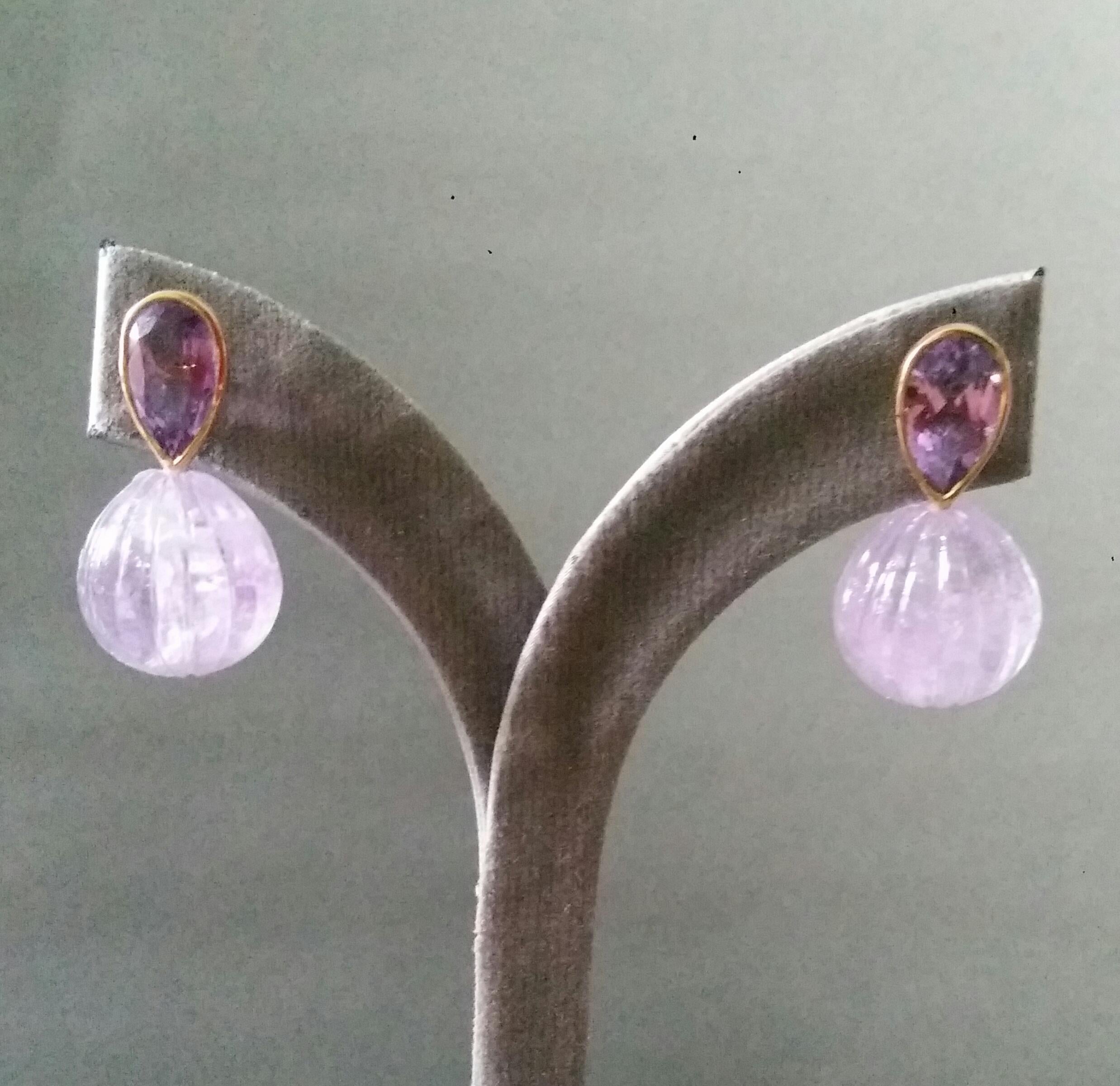 Pear Shape Faceted Amethysts Gold Bezel Engraved Amethyst Drops Stud Earrings For Sale 4