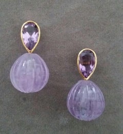 Pear Shape Faceted Amethysts Gold Bezel Engraved Amethyst Drops Stud Earrings