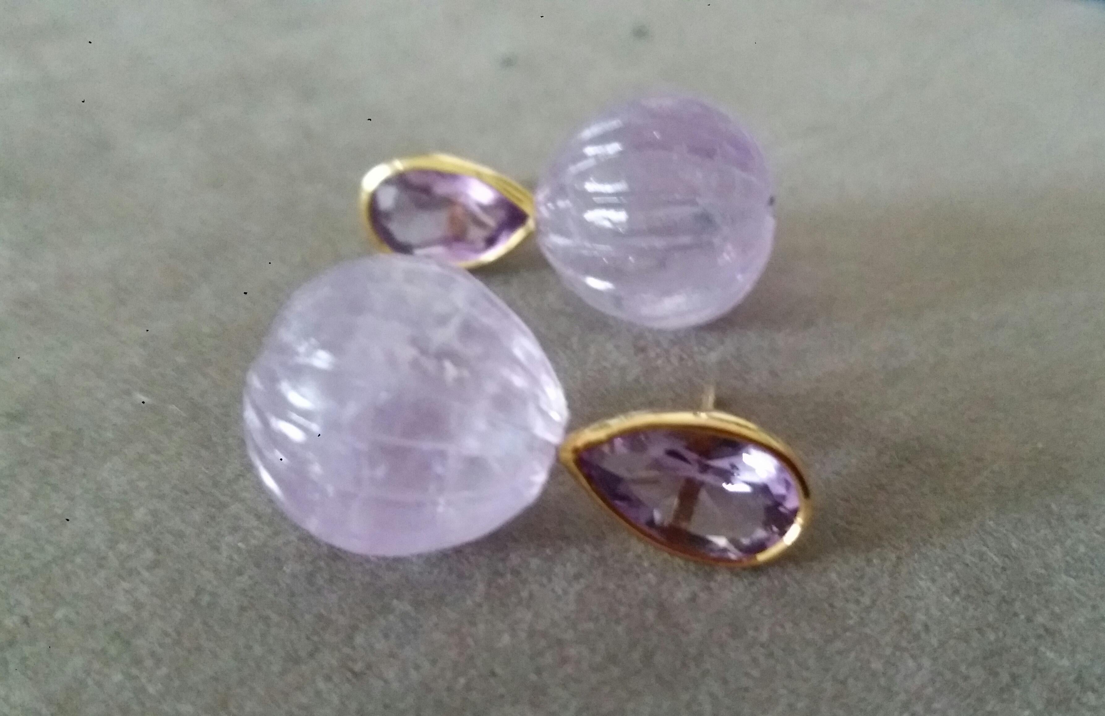 Contemporary Pear Shape Faceted Amethysts Gold Bezel Engraved Amethyst Drops Stud Earrings For Sale