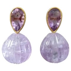Pear Shape Faceted Amethysts Gold Bezel Engraved Amethyst Drops Stud Earrings