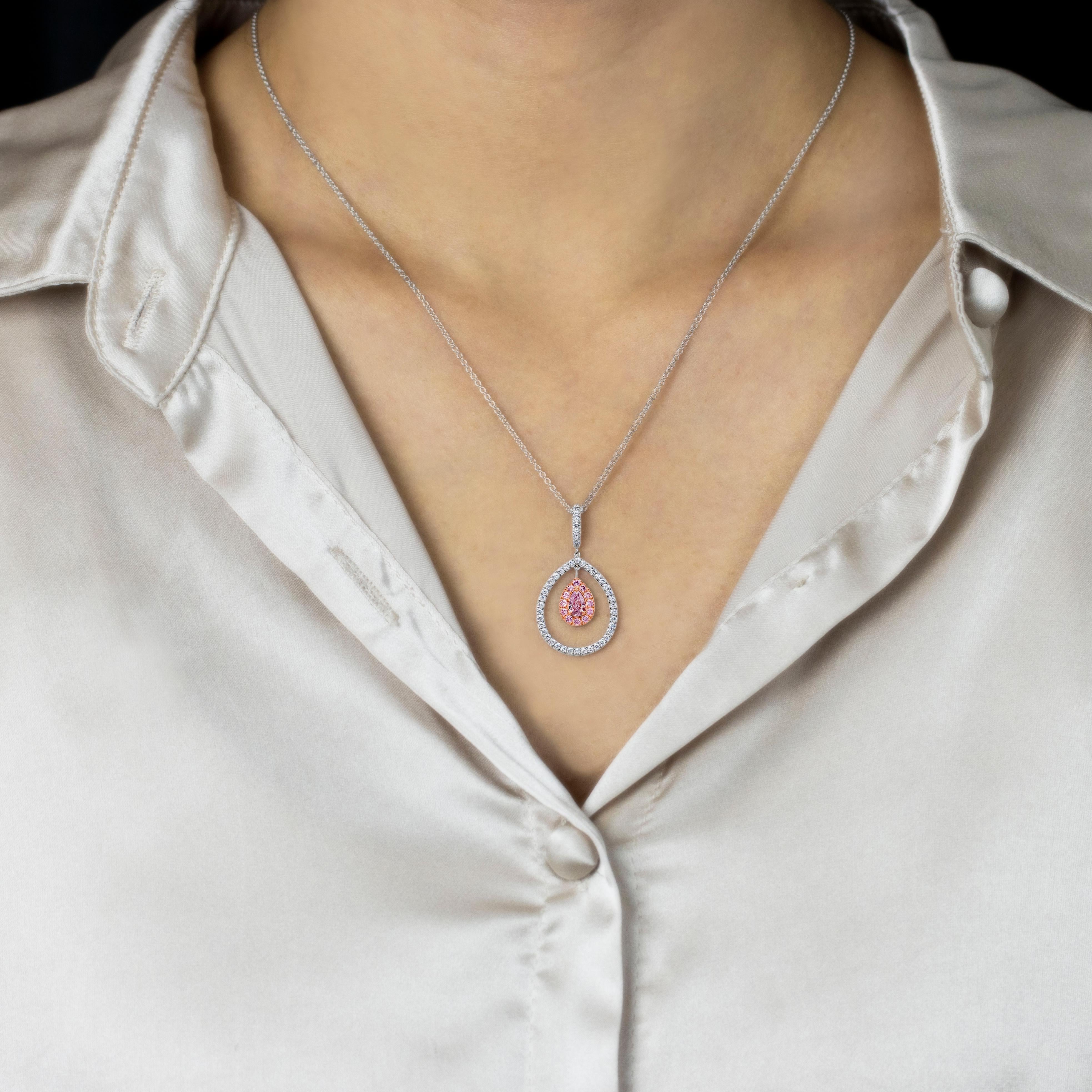 Pear Cut Pear Shape Fancy Purple Pink Diamond Double Halo Pendant Necklace For Sale