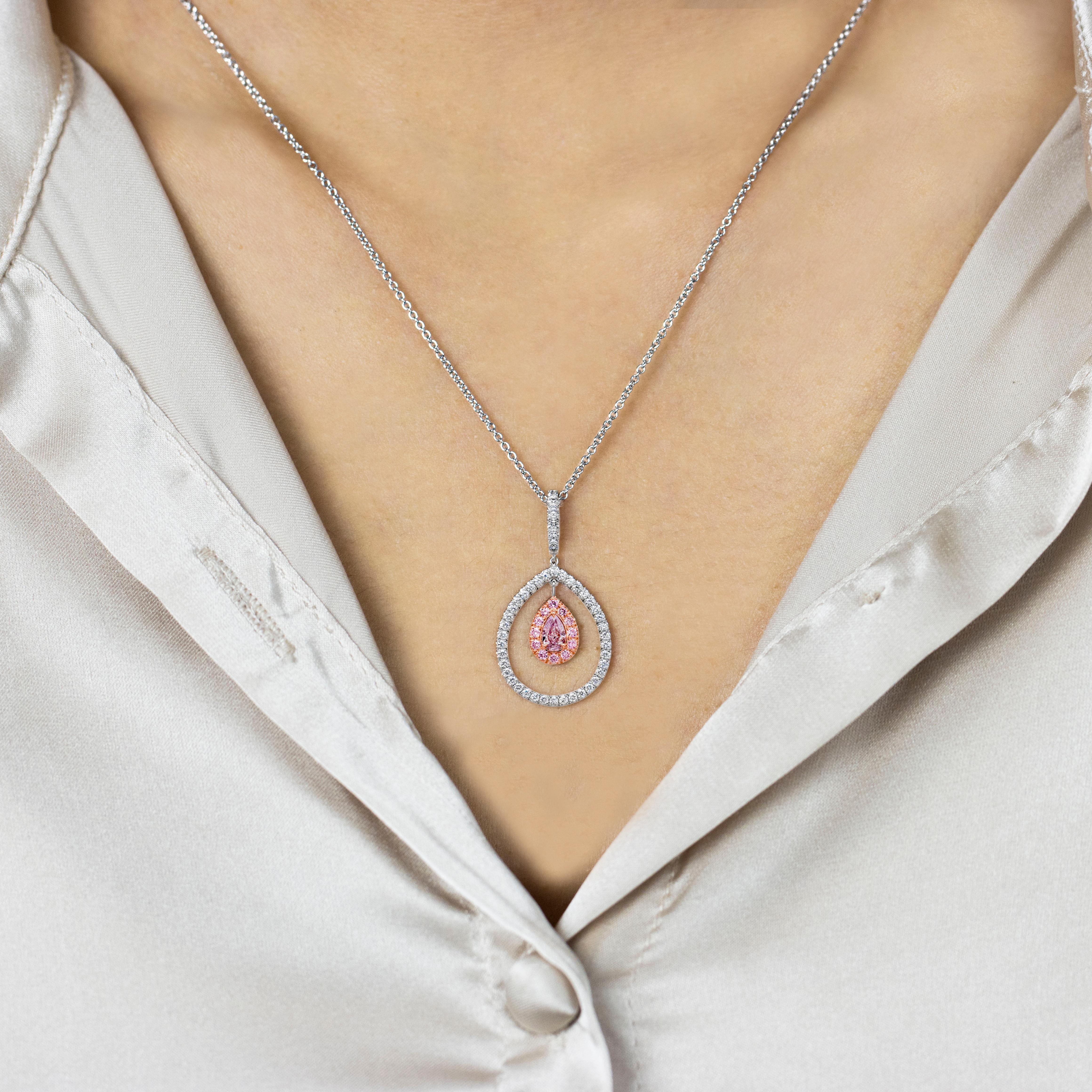Pear Shape Fancy Purple Pink Diamond Double Halo Pendant Necklace In New Condition For Sale In New York, NY