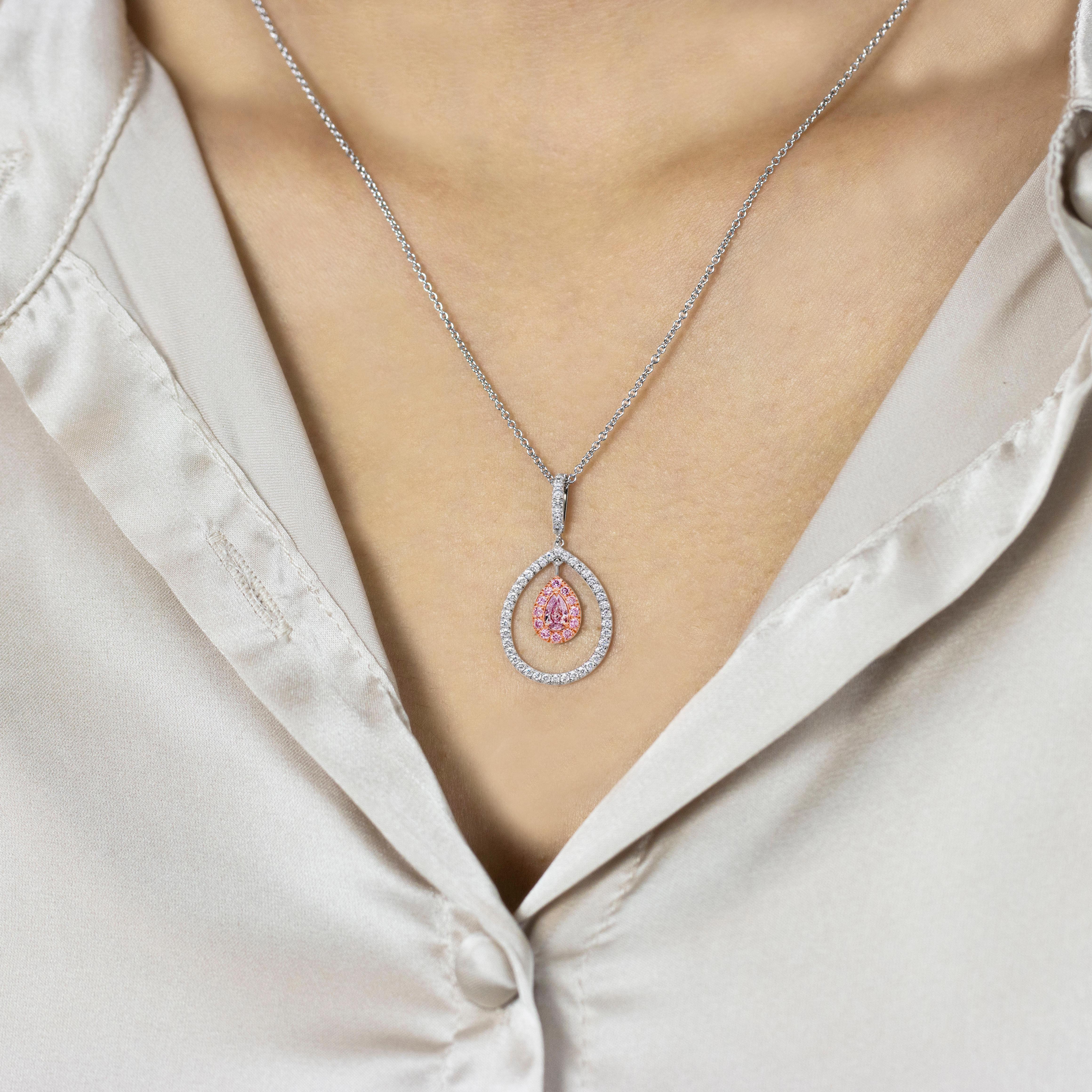 Women's Pear Shape Fancy Purple Pink Diamond Double Halo Pendant Necklace For Sale