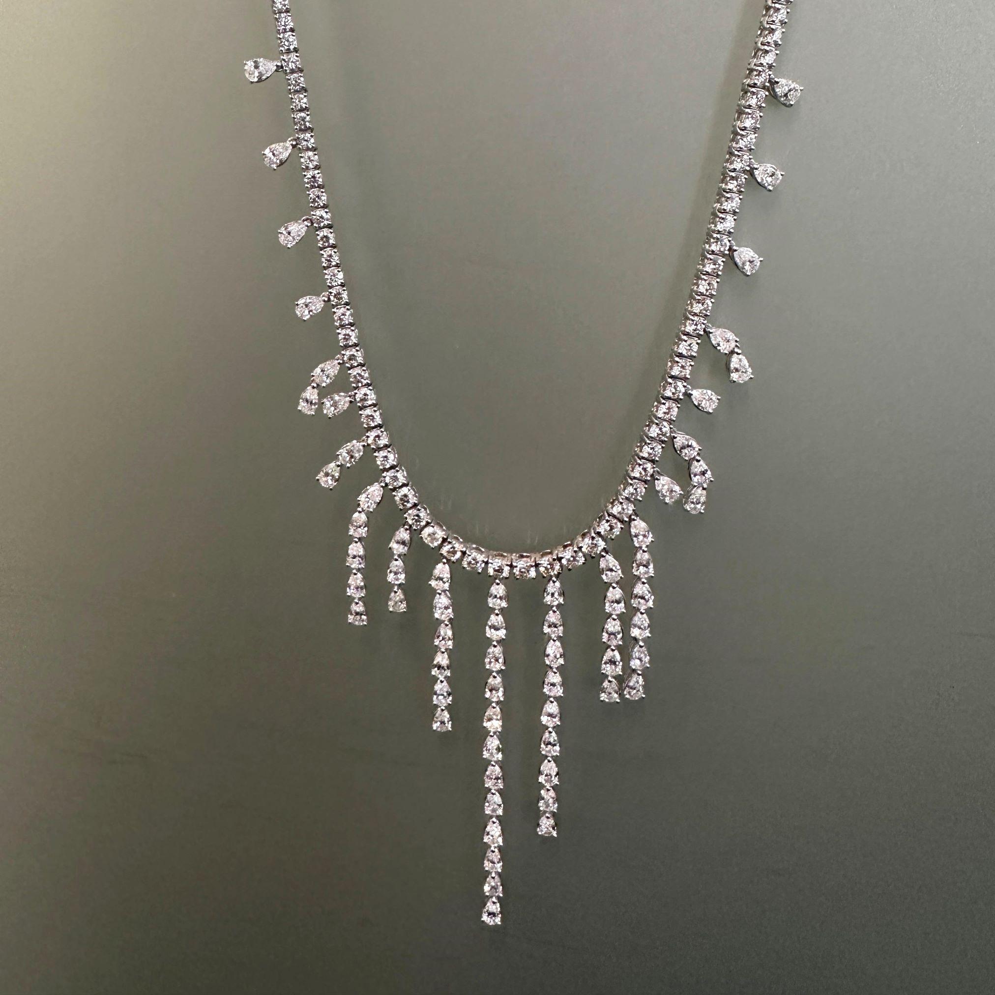 Women's Pear Shape Fringe Diamond Necklace in 18K White Gold, 22.60 Carats For Sale
