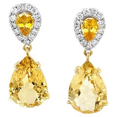 Pear Shape Golden Beryl, Yellow Sapphire and Diamond Dangle Earrings in 18k Gold