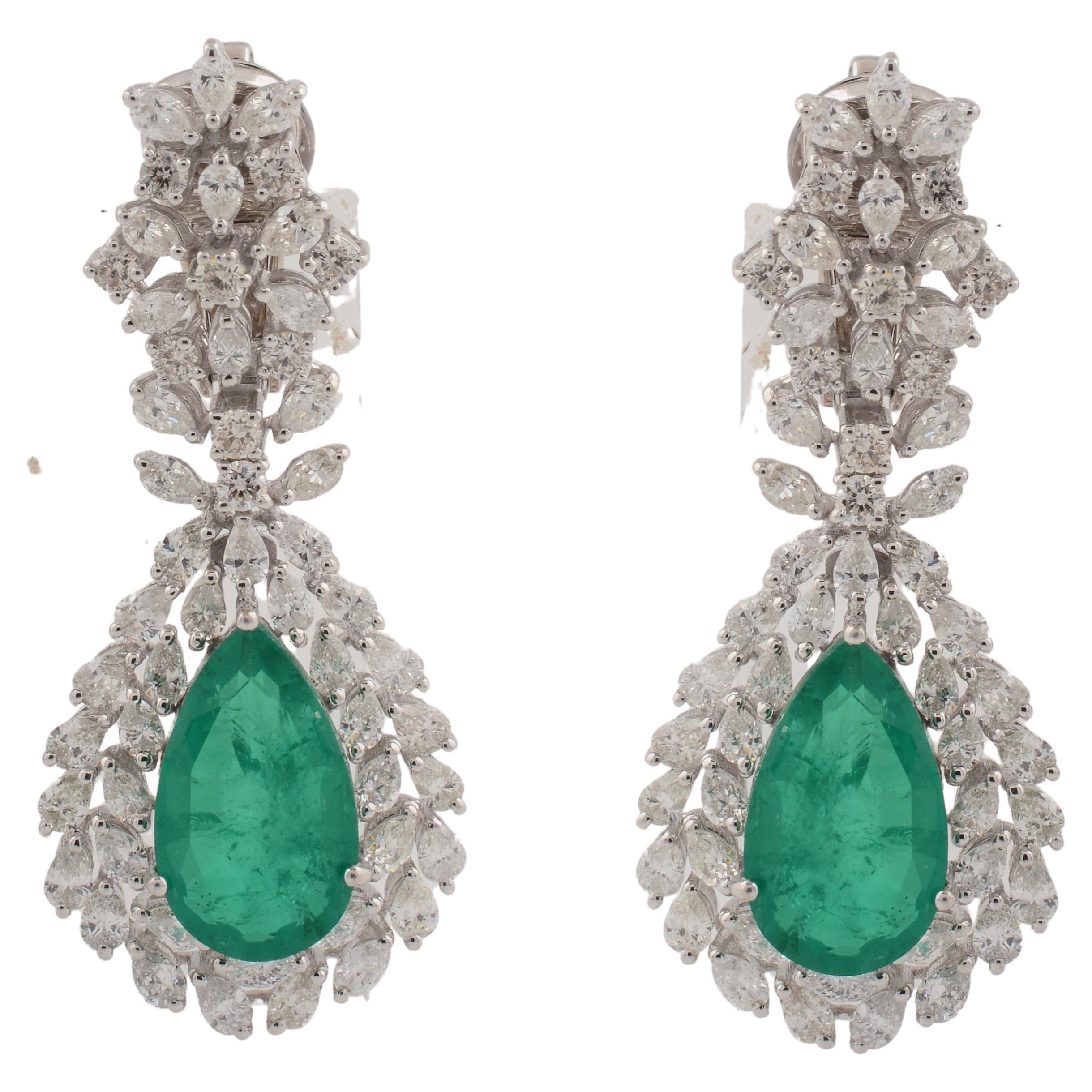 Pear Shape Green Gemstone Dangle Earrings Diamond 18 Karat White Gold Jewelry