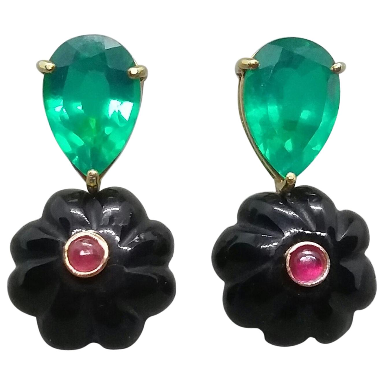 Pear Shape Green Quartz Carved Black Onix Ruby Cabs Yellow Gold Stud Earrings For Sale