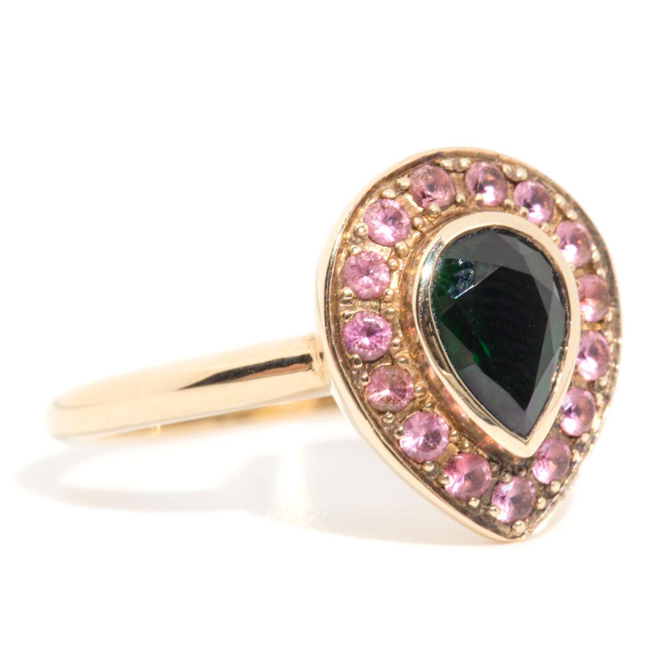 Pear Shape Green Tourmaline and Pink Tourmaline 9 Carat Yellow Gold Cluster Ring 7