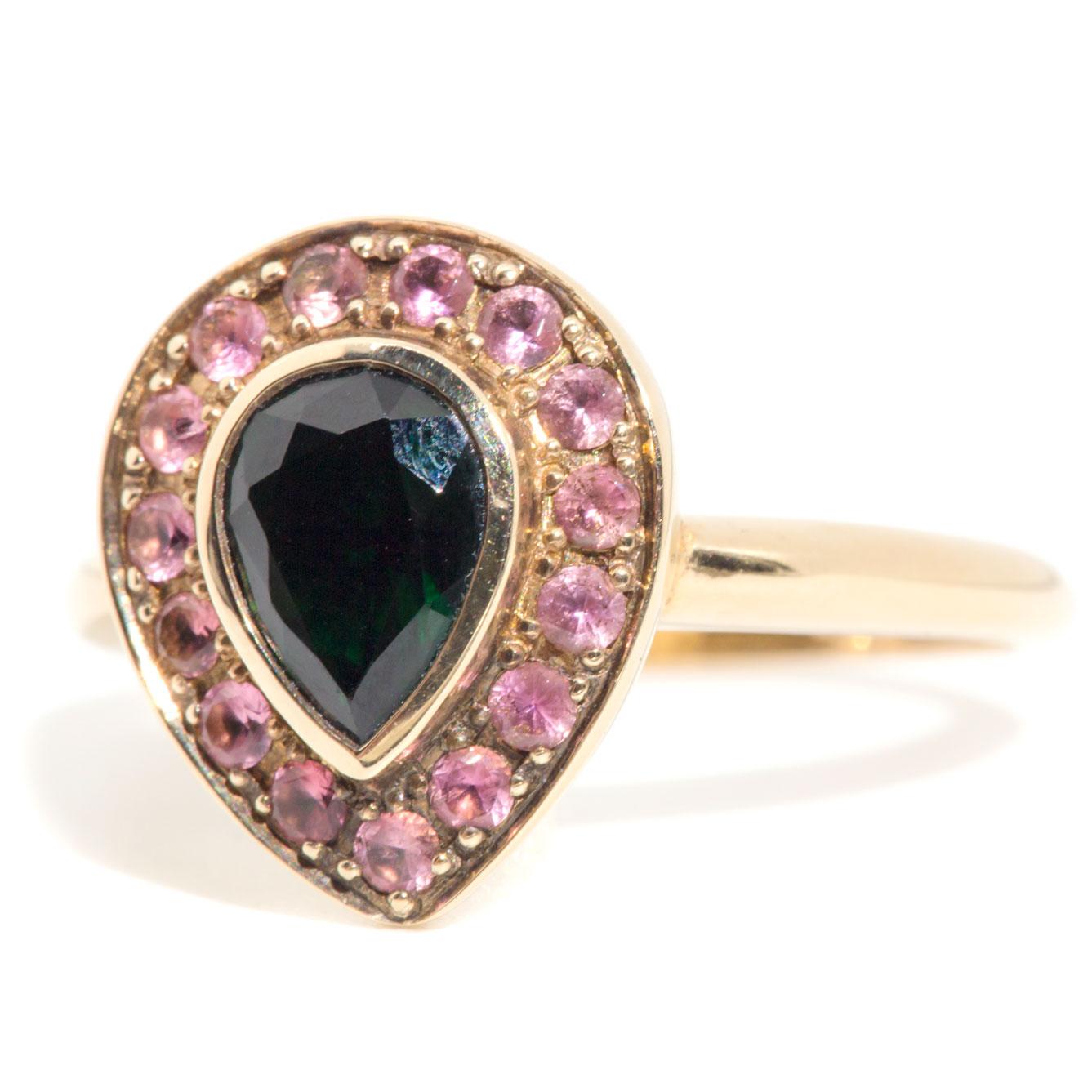 Pear Shape Green Tourmaline and Pink Tourmaline 9 Carat Yellow Gold Cluster Ring 8