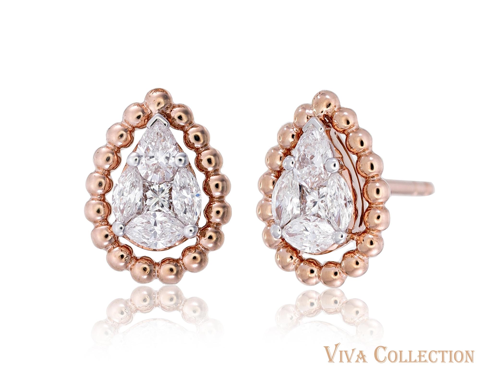 Carefully handcrafted, delicately cut and effortlessly elegant, this 18K Rose gold statement stud earring are a collector-friendly piece of jewellery. Using the prong setting , the earrings features Princess Diamond & Pear Diamond that glisten and