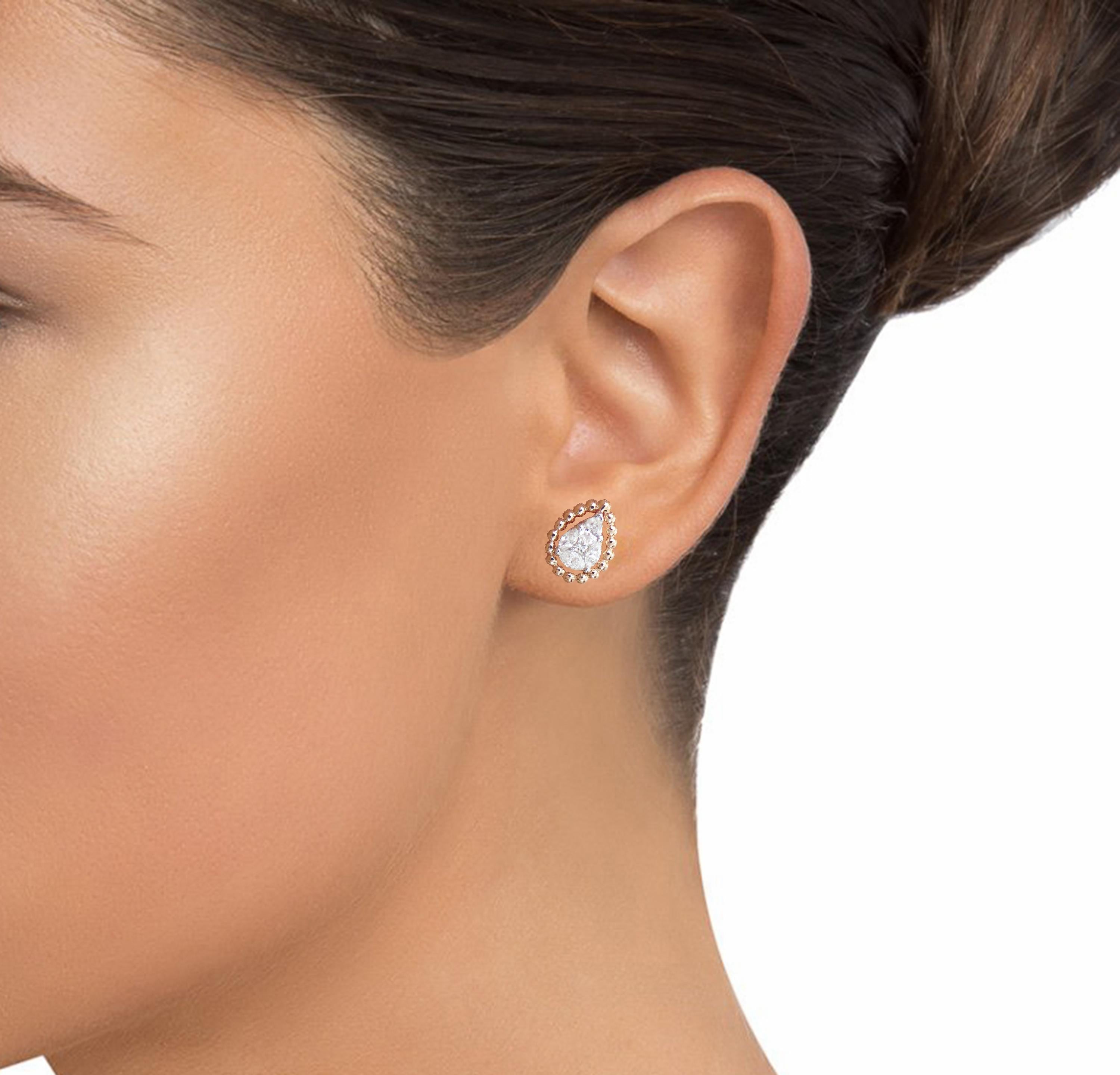 Modern Pear Shape Illusion Diamond Stud Earring in 18 Karat Rose Gold For Sale