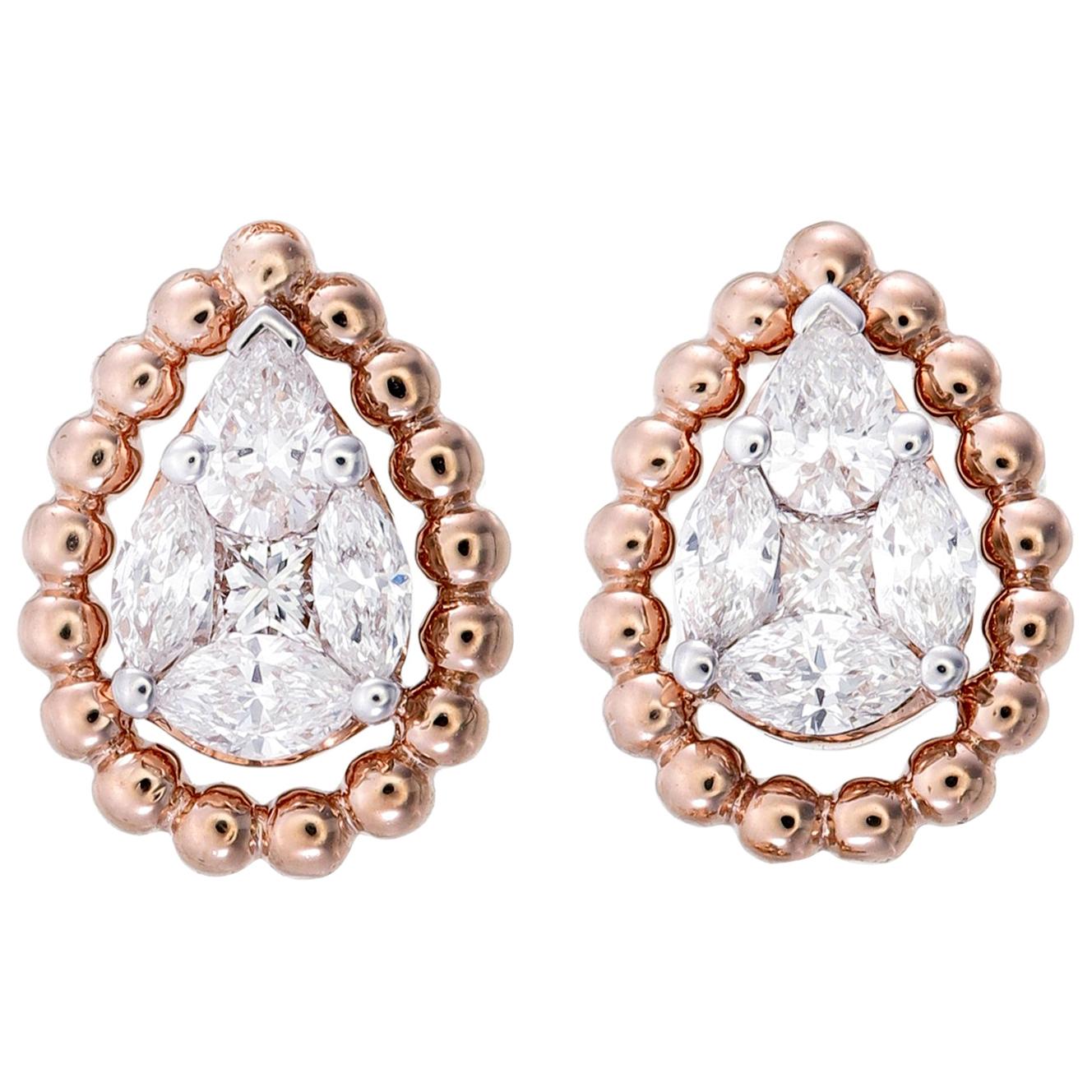 Pear Shape Illusion Diamond Stud Earring in 18 Karat Rose Gold For Sale
