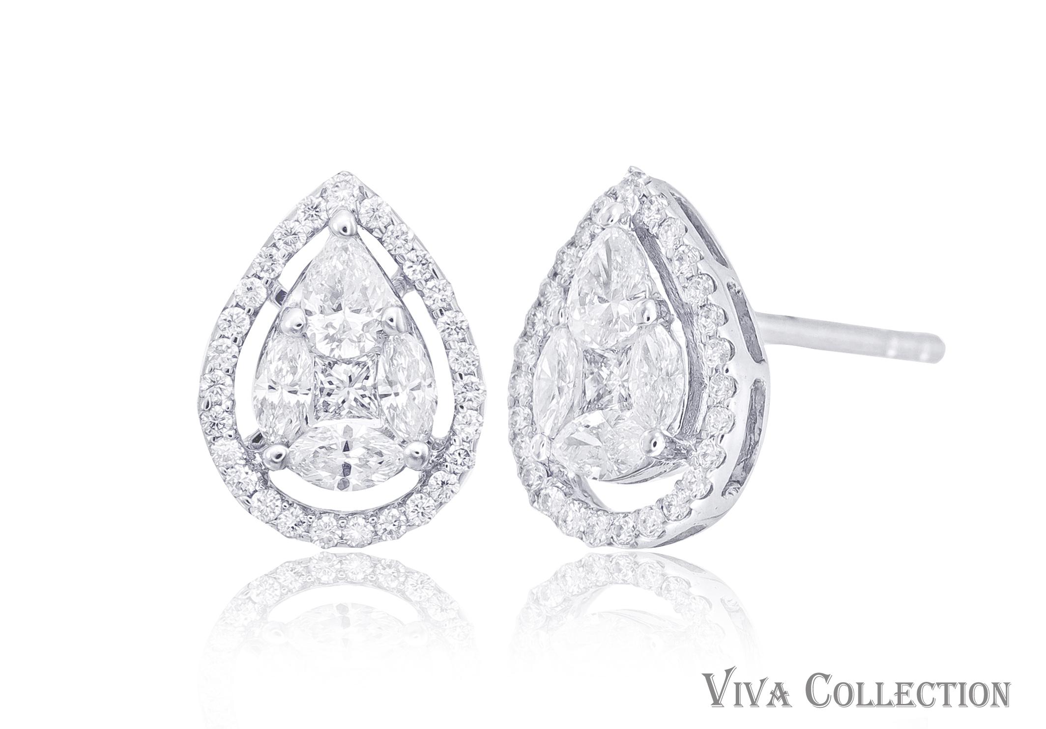Carefully handcrafted, delicately cut and effortlessly elegant, this 18K white gold statement stud earring are a collector-friendly piece of jewellery. Using the prong and pave setting , the earrings features Princess Diamond, Pear Diamond & Round