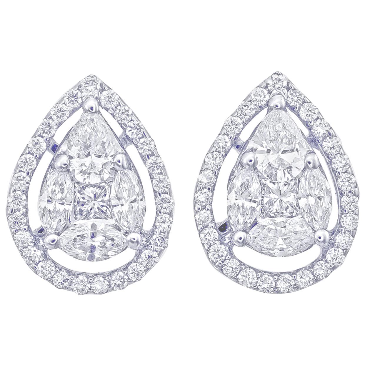 Pear Shape Illusion Diamond Stud Earring in 18 Karat White Gold For Sale
