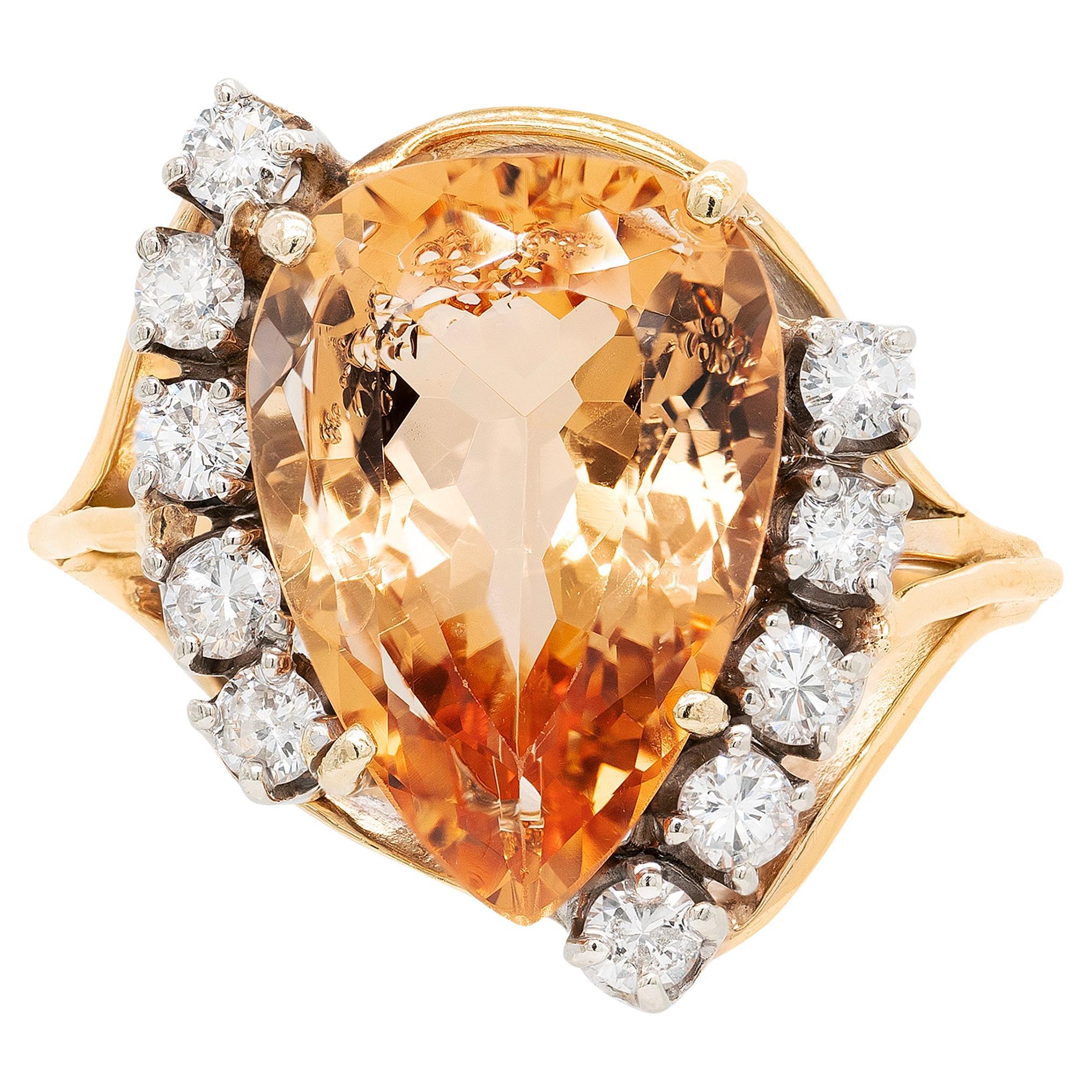 Pear Shape Imperial Topaz and Diamond 18 Carat White & Yellow Gold Cocktail Ring For Sale