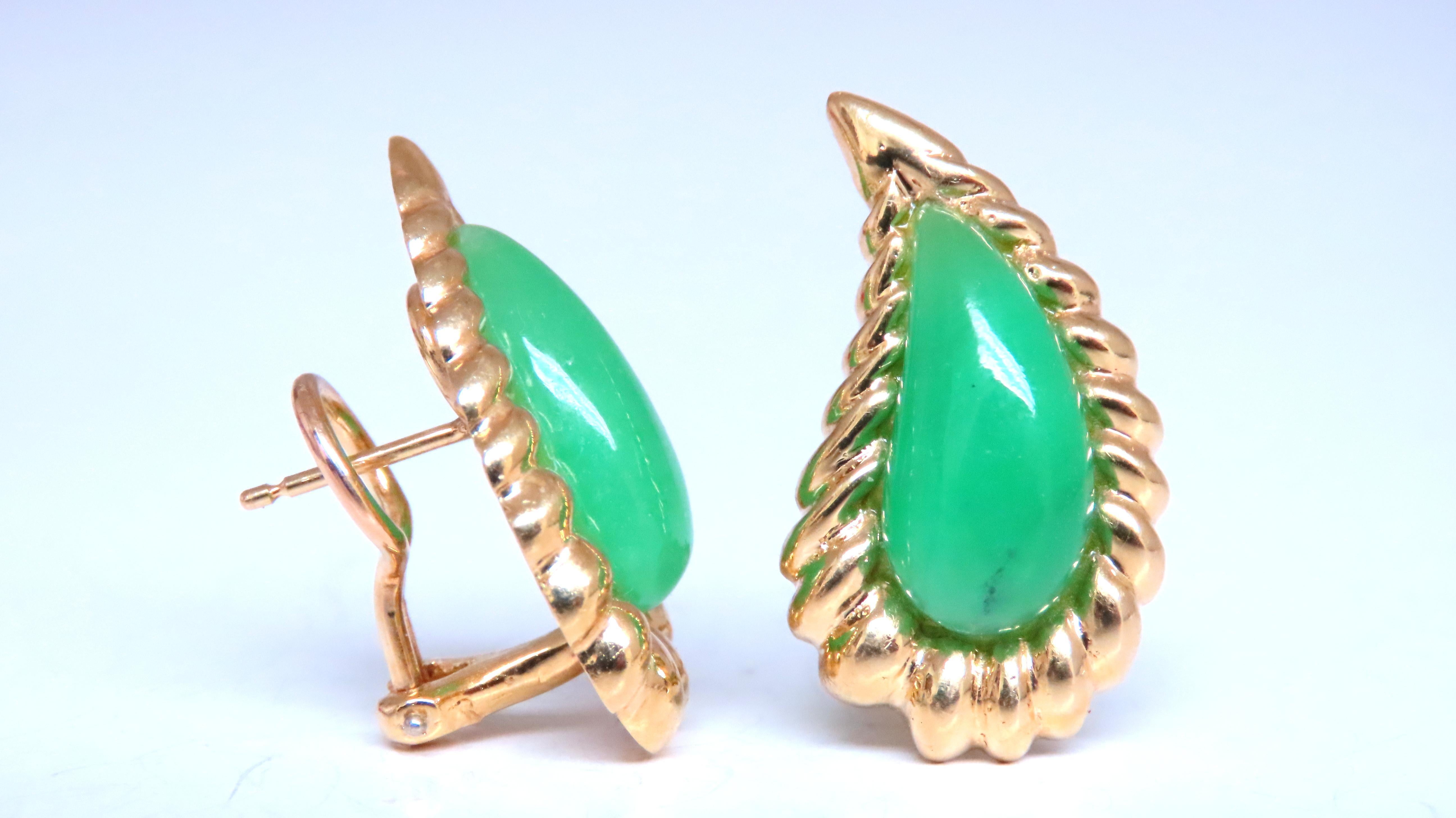 Contemporary Pear Shape Jadeite Fern 3D clip earrings 18kt Gold 12603 For Sale